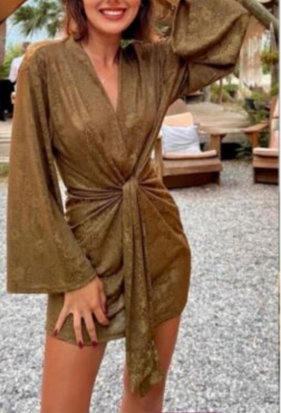 Zara Metallic Olive Green Twist-Front Mini Dress